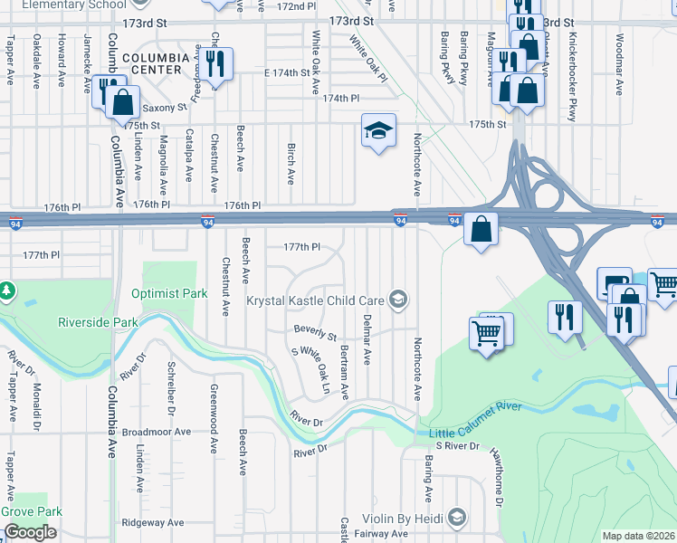 map of restaurants, bars, coffee shops, grocery stores, and more near 7739 Bertram Avenue in Hammond