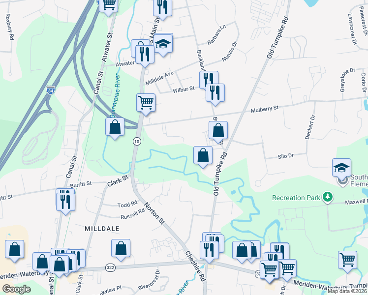 map of restaurants, bars, coffee shops, grocery stores, and more near 58 Mulberry Street in Southington