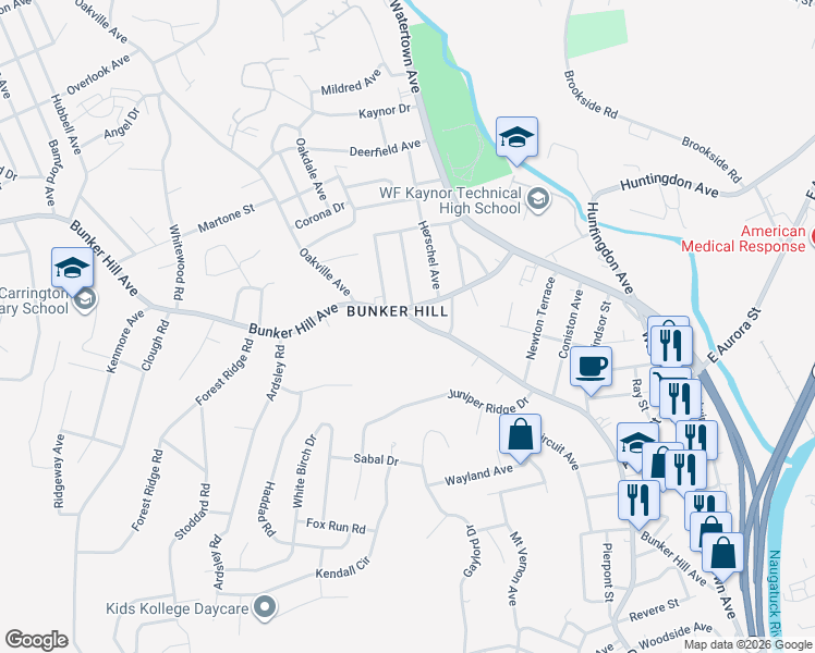 map of restaurants, bars, coffee shops, grocery stores, and more near 468 Bunker Hill Avenue in Waterbury