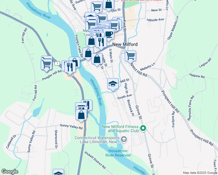 map of restaurants, bars, coffee shops, grocery stores, and more near 54 West Street in New Milford