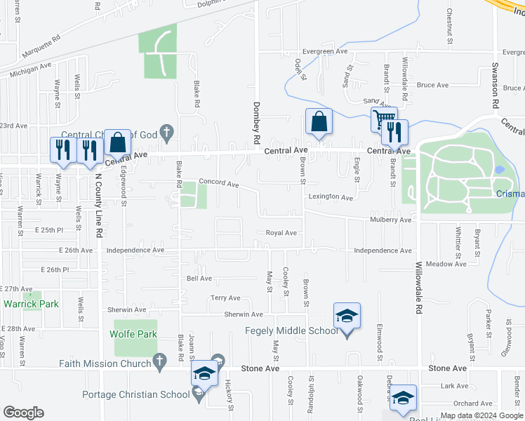 map of restaurants, bars, coffee shops, grocery stores, and more near 5264 Mulberry Avenue in Portage