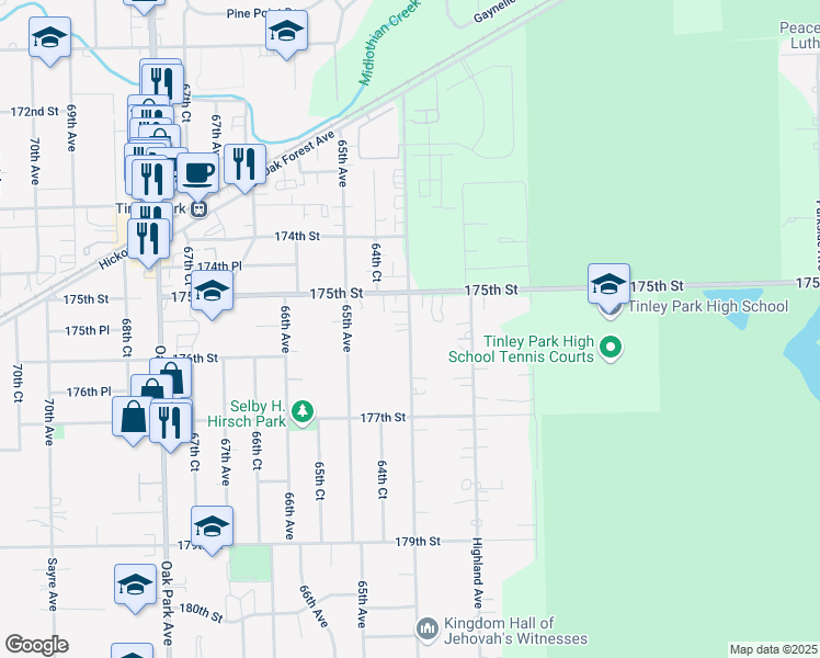 map of restaurants, bars, coffee shops, grocery stores, and more near 17525 Ridgeland Avenue in Tinley Park