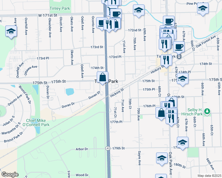 map of restaurants, bars, coffee shops, grocery stores, and more near 17550 71st Court in Tinley Park