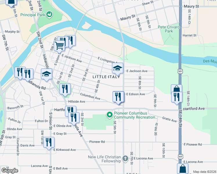 map of restaurants, bars, coffee shops, grocery stores, and more near 433 East Dunham Avenue in Des Moines