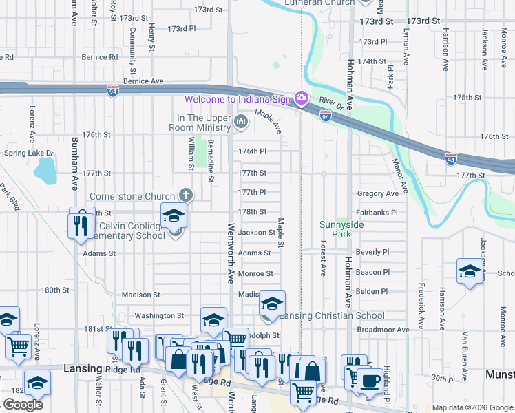 map of restaurants, bars, coffee shops, grocery stores, and more near 3638 178th Street in Lansing
