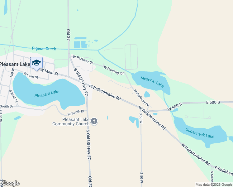 map of restaurants, bars, coffee shops, grocery stores, and more near 670 West Bellefontaine Road in Pleasant Lake