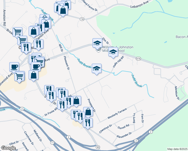 map of restaurants, bars, coffee shops, grocery stores, and more near 315 Halls Hill Road in Colchester