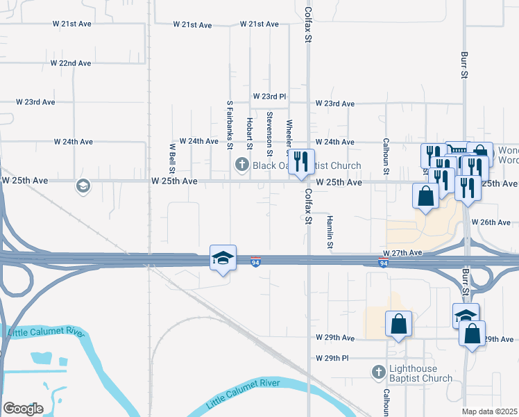 map of restaurants, bars, coffee shops, grocery stores, and more near 2540 Stevenson Street in Gary