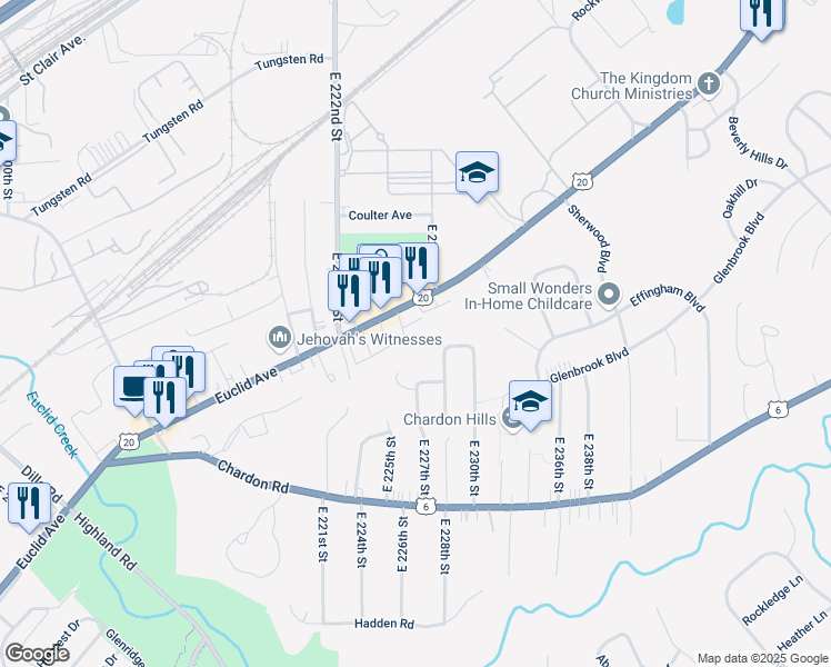 map of restaurants, bars, coffee shops, grocery stores, and more near 22550 Euclid Avenue in Euclid