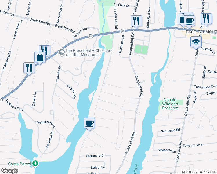 map of restaurants, bars, coffee shops, grocery stores, and more near 20 Avalon Drive in Falmouth