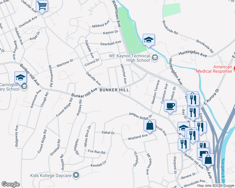 map of restaurants, bars, coffee shops, grocery stores, and more near 468 Bunker Hill Avenue in Waterbury