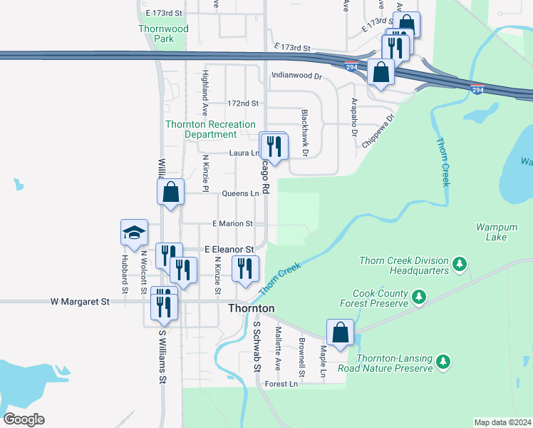 map of restaurants, bars, coffee shops, grocery stores, and more near 511 Chicago Road in Thornton