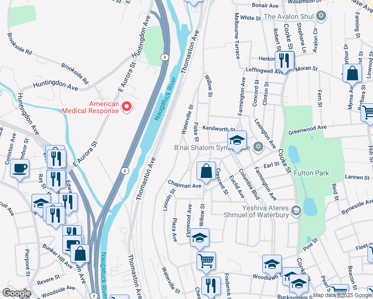map of restaurants, bars, coffee shops, grocery stores, and more near 373 Lincoln Street in Waterbury