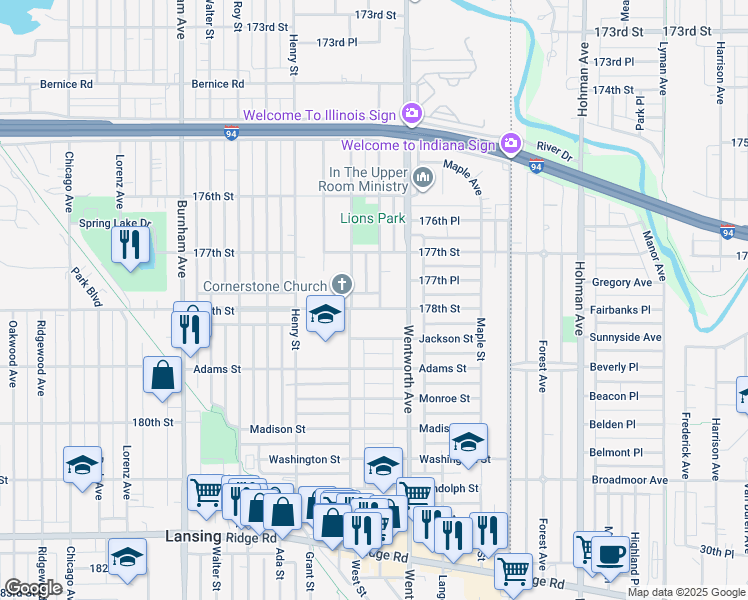 map of restaurants, bars, coffee shops, grocery stores, and more near 3524 178th Street in Lansing