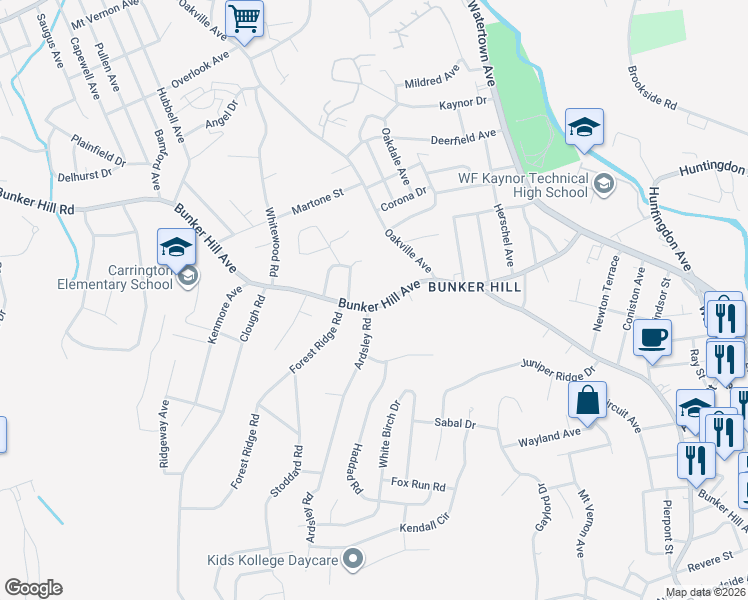 map of restaurants, bars, coffee shops, grocery stores, and more near 638 Bunker Hill Avenue in Waterbury