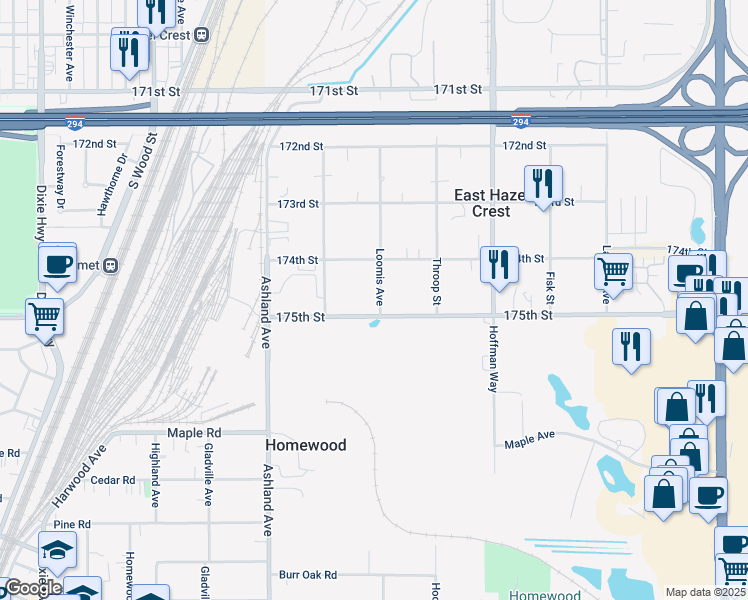 map of restaurants, bars, coffee shops, grocery stores, and more near 1440 175th Street in Hazel Crest