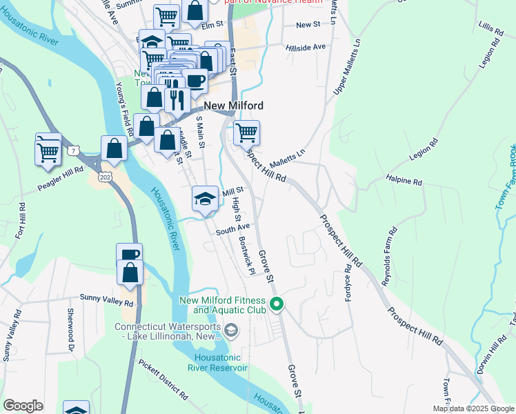map of restaurants, bars, coffee shops, grocery stores, and more near 61 Grove Street in New Milford