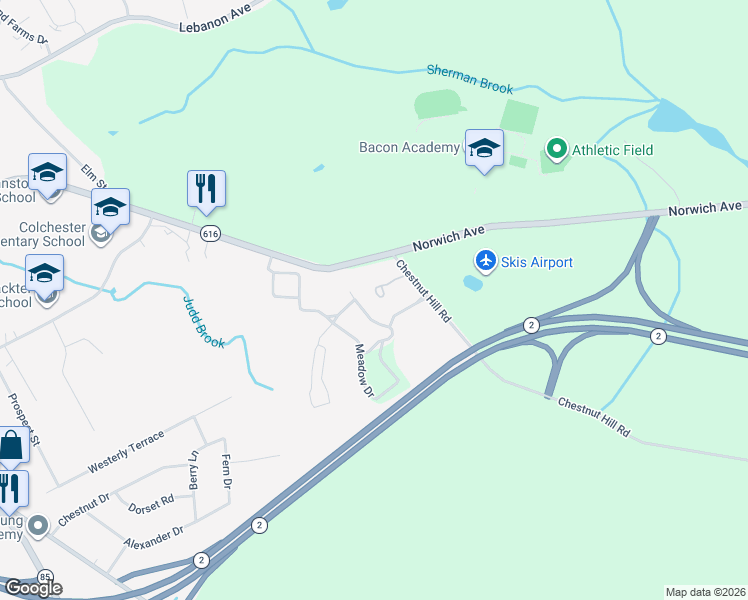 map of restaurants, bars, coffee shops, grocery stores, and more near 4 Chestnut Hollow Road in Colchester