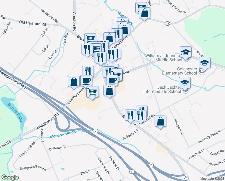 map of restaurants, bars, coffee shops, grocery stores, and more near 139 South Main Street in Colchester