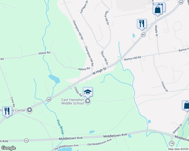 map of restaurants, bars, coffee shops, grocery stores, and more near 121 West High Street in East Hampton