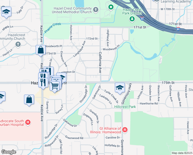 map of restaurants, bars, coffee shops, grocery stores, and more near 2805 Lexington Drive in Hazel Crest