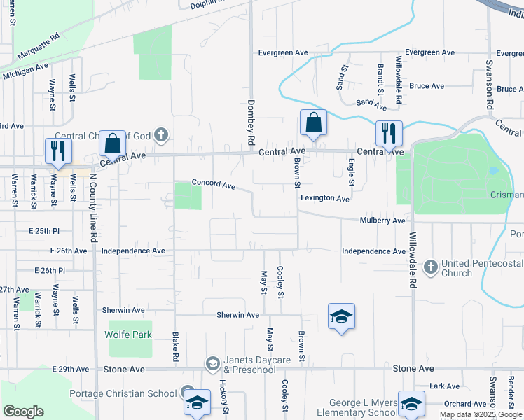 map of restaurants, bars, coffee shops, grocery stores, and more near 5264 Mulberry Avenue in Portage