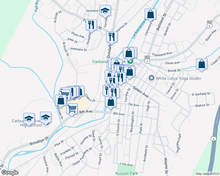 map of restaurants, bars, coffee shops, grocery stores, and more near 1 North Main Street in Carbondale