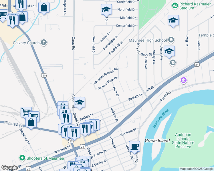 map of restaurants, bars, coffee shops, grocery stores, and more near 508 Orchard View Drive in Maumee