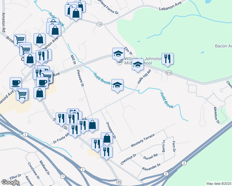 map of restaurants, bars, coffee shops, grocery stores, and more near 215 Halls Hill Road in Colchester