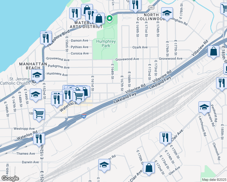 map of restaurants, bars, coffee shops, grocery stores, and more near 16409 Trafalgar Avenue in Cleveland