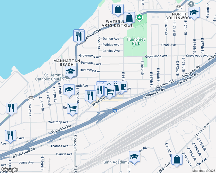 map of restaurants, bars, coffee shops, grocery stores, and more near 15715 Trafalgar Avenue in Cleveland