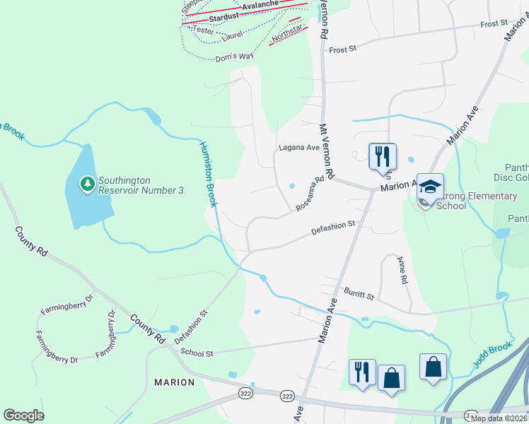 map of restaurants, bars, coffee shops, grocery stores, and more near 151 Roseanna Road in Southington