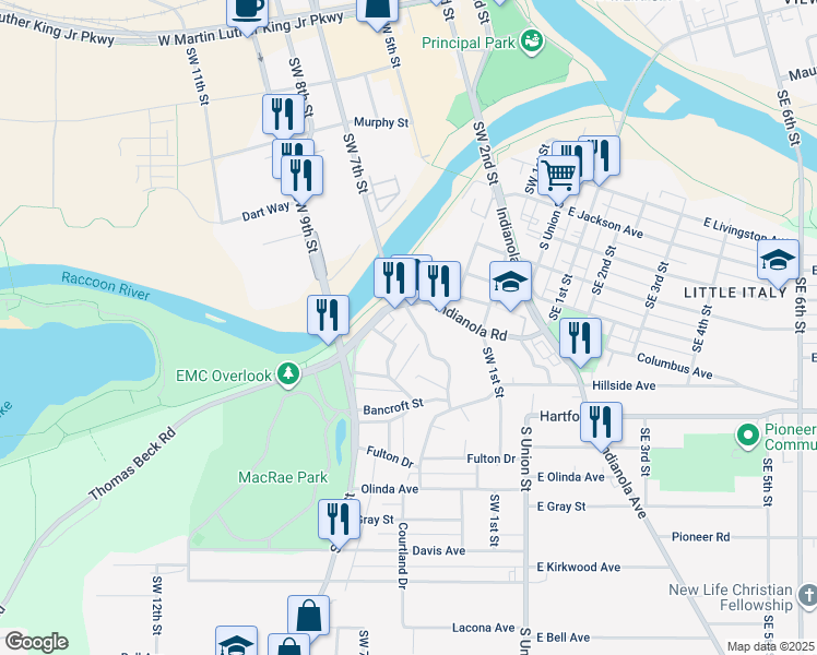 map of restaurants, bars, coffee shops, grocery stores, and more near 711 Monona Avenue in Des Moines