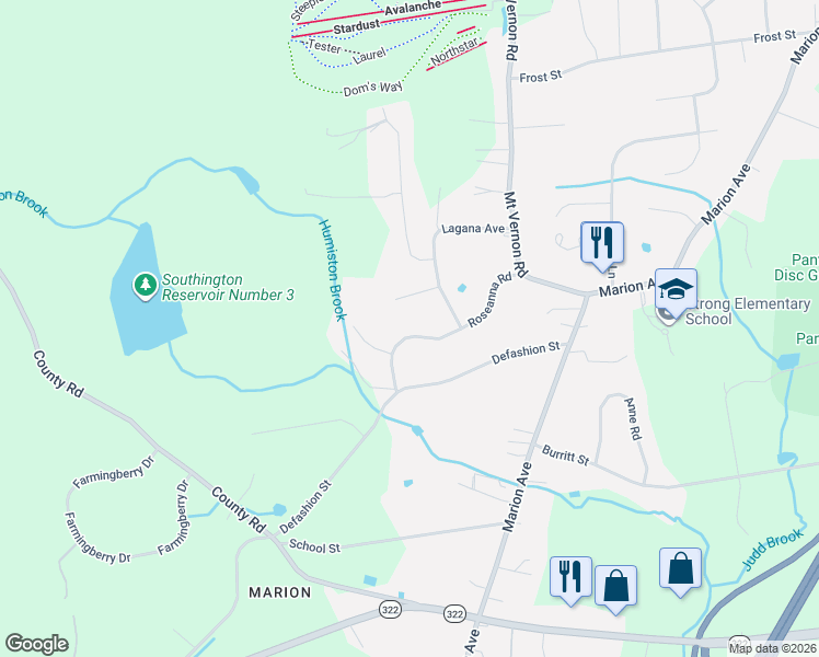 map of restaurants, bars, coffee shops, grocery stores, and more near 151 Roseanna Road in Southington