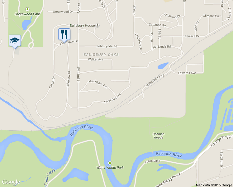 map of restaurants, bars, coffee shops, grocery stores, and more near 3815 River Oaks Dr in Des Moines