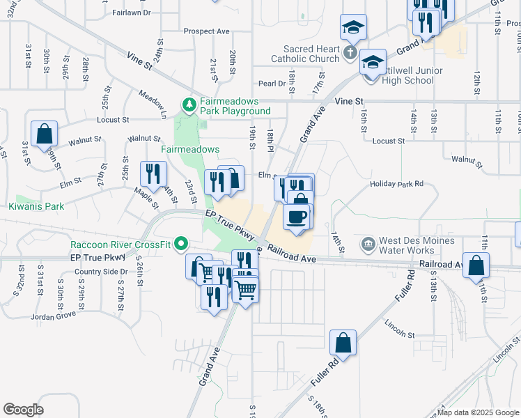 map of restaurants, bars, coffee shops, grocery stores, and more near 119 19th Street in West Des Moines