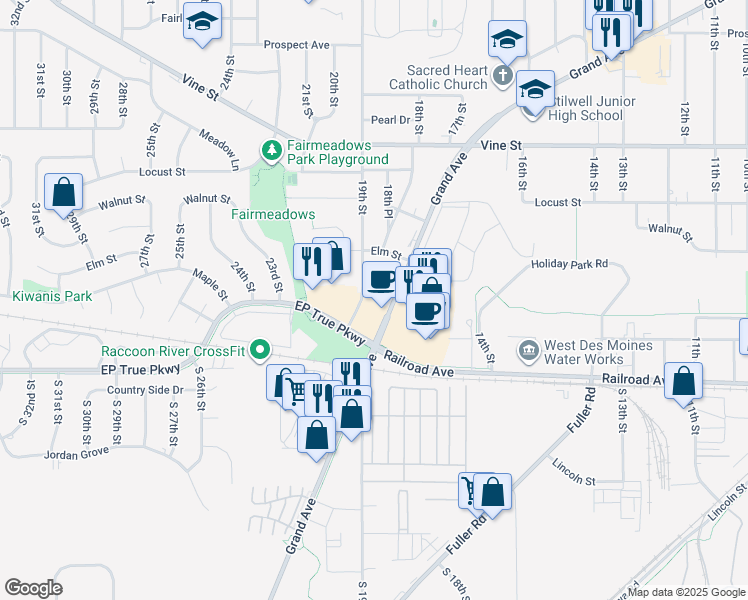 map of restaurants, bars, coffee shops, grocery stores, and more near 119 19th Street in West Des Moines