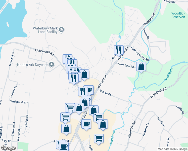 map of restaurants, bars, coffee shops, grocery stores, and more near 1141 Wolcott Street in Waterbury