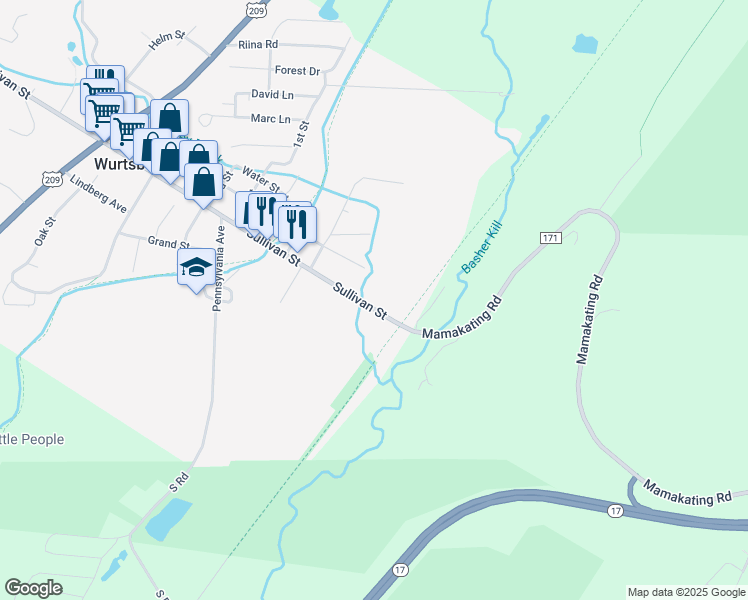 map of restaurants, bars, coffee shops, grocery stores, and more near 16 Sullivan Street in Wurtsboro