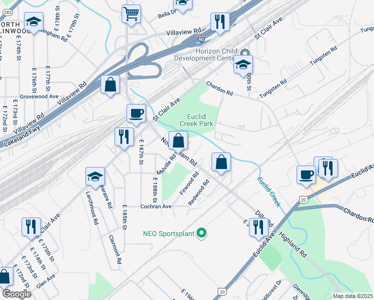 map of restaurants, bars, coffee shops, grocery stores, and more near 19115 Nottingham Road in Cleveland