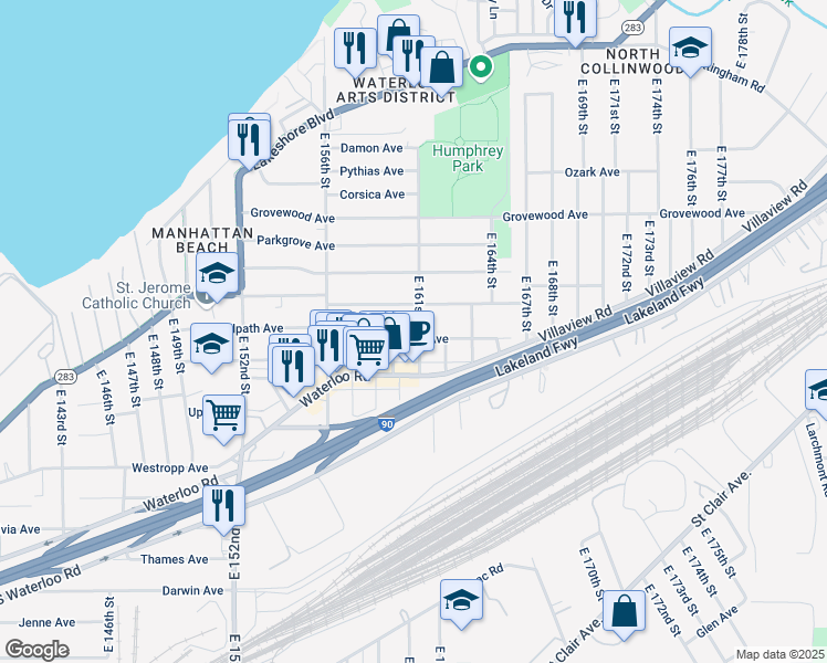 map of restaurants, bars, coffee shops, grocery stores, and more near 366 East 161st Street in Cleveland