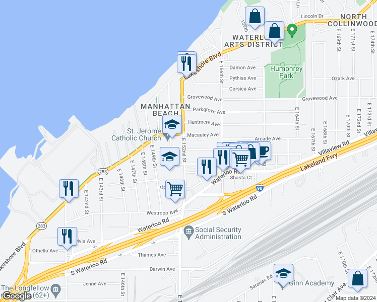 map of restaurants, bars, coffee shops, grocery stores, and more near 15213 Ridpath Avenue in Cleveland
