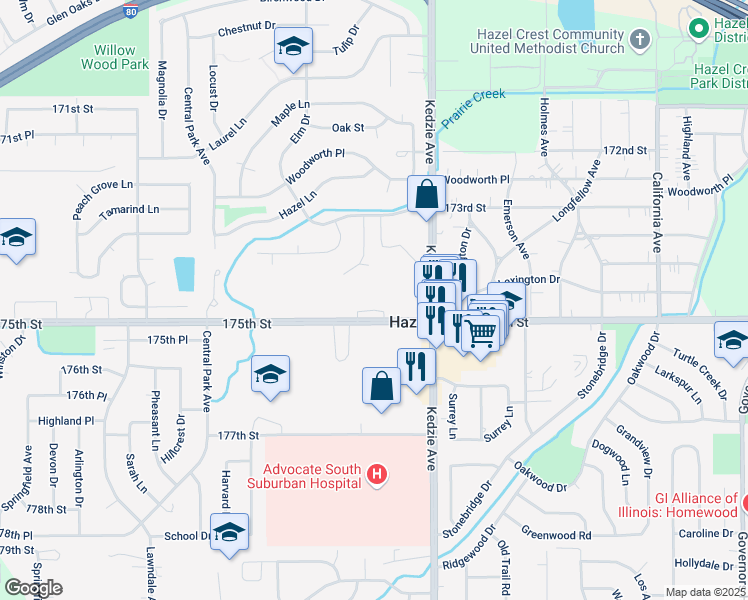 map of restaurants, bars, coffee shops, grocery stores, and more near 3300 175th Street in Hazel Crest