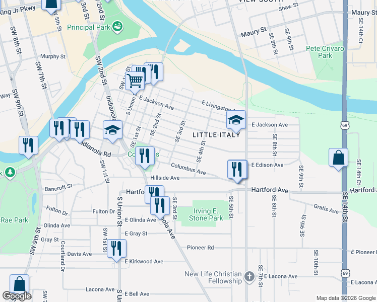 map of restaurants, bars, coffee shops, grocery stores, and more near 318 East Edison Avenue in Des Moines