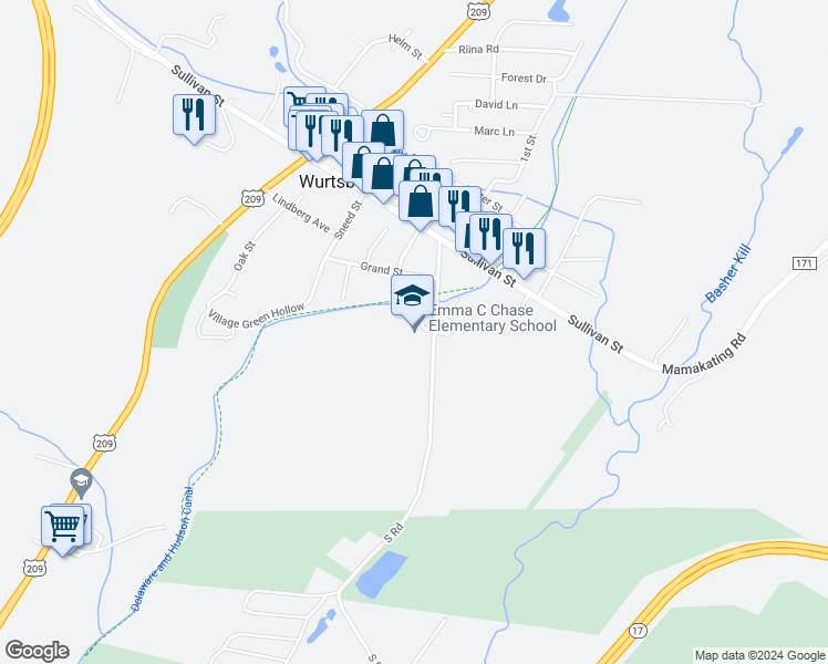 map of restaurants, bars, coffee shops, grocery stores, and more near 28 Pennsylvania Avenue in Wurtsboro