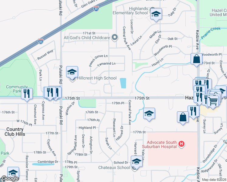 map of restaurants, bars, coffee shops, grocery stores, and more near 17433 Apple Tree Drive in Hazel Crest