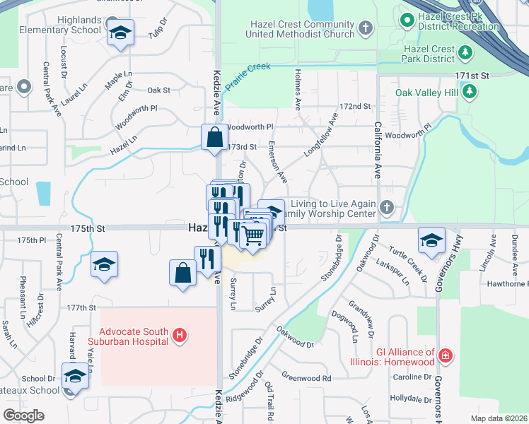 map of restaurants, bars, coffee shops, grocery stores, and more near 17403 Longfellow Avenue in Hazel Crest