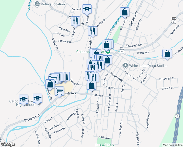 map of restaurants, bars, coffee shops, grocery stores, and more near 1 North Main Street in Carbondale