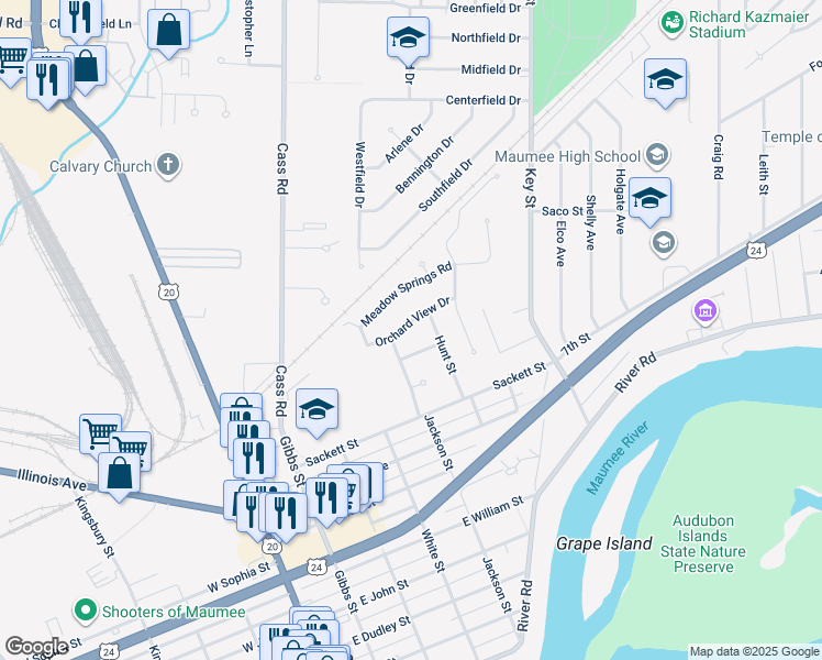 map of restaurants, bars, coffee shops, grocery stores, and more near 508 Orchard View Drive in Maumee