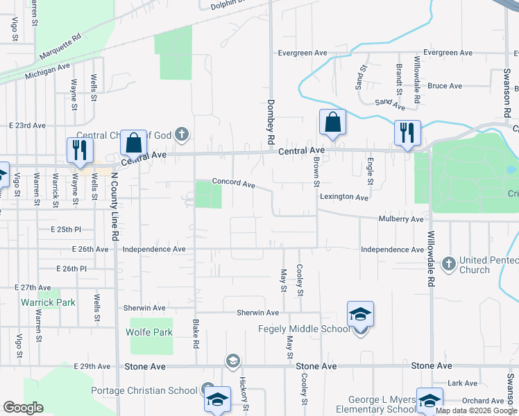 map of restaurants, bars, coffee shops, grocery stores, and more near 2749 Locust Street in Portage